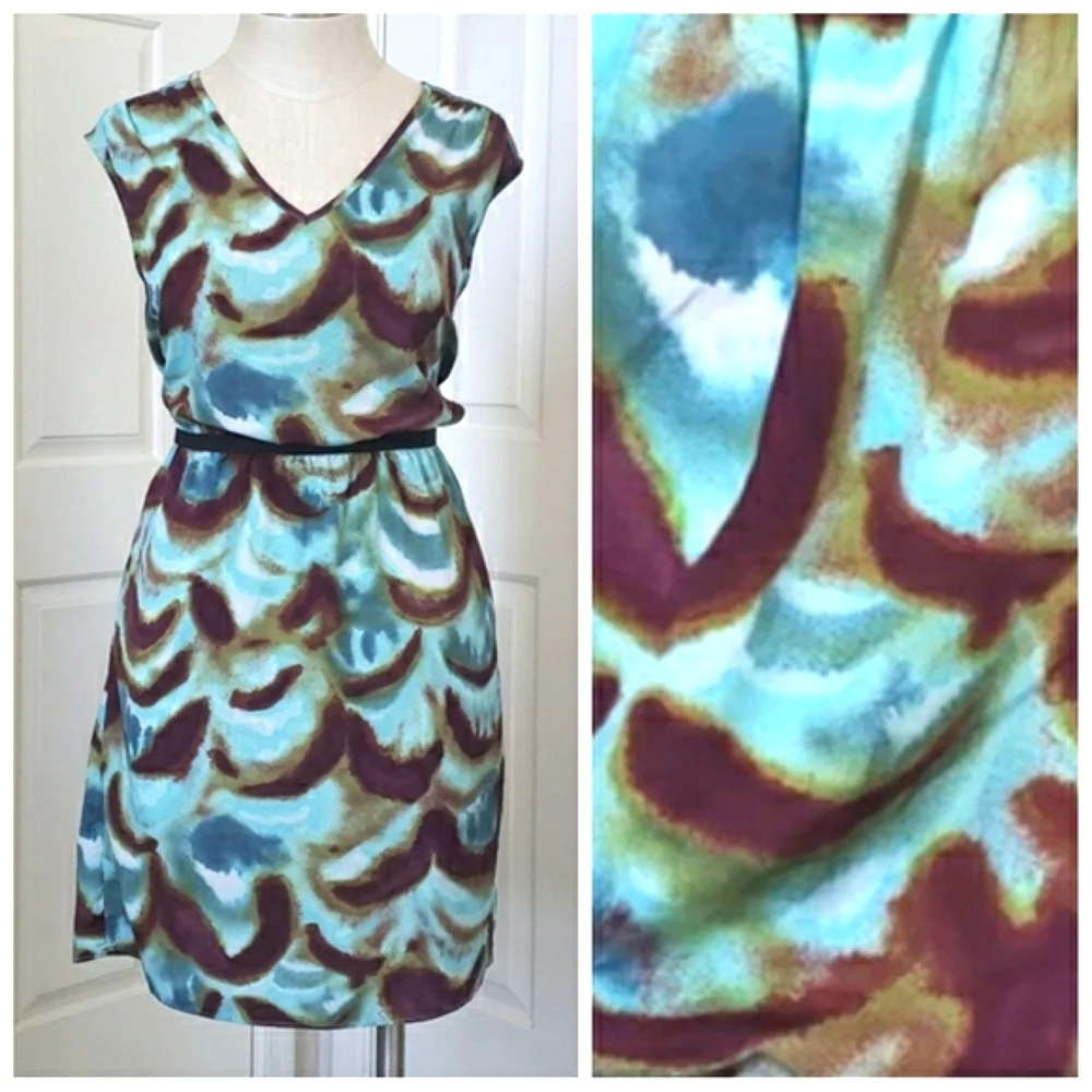 LOFT Teal Maroon Print Dress V-neck Cinched Waist Retro Flair SIZE 6P PETITE